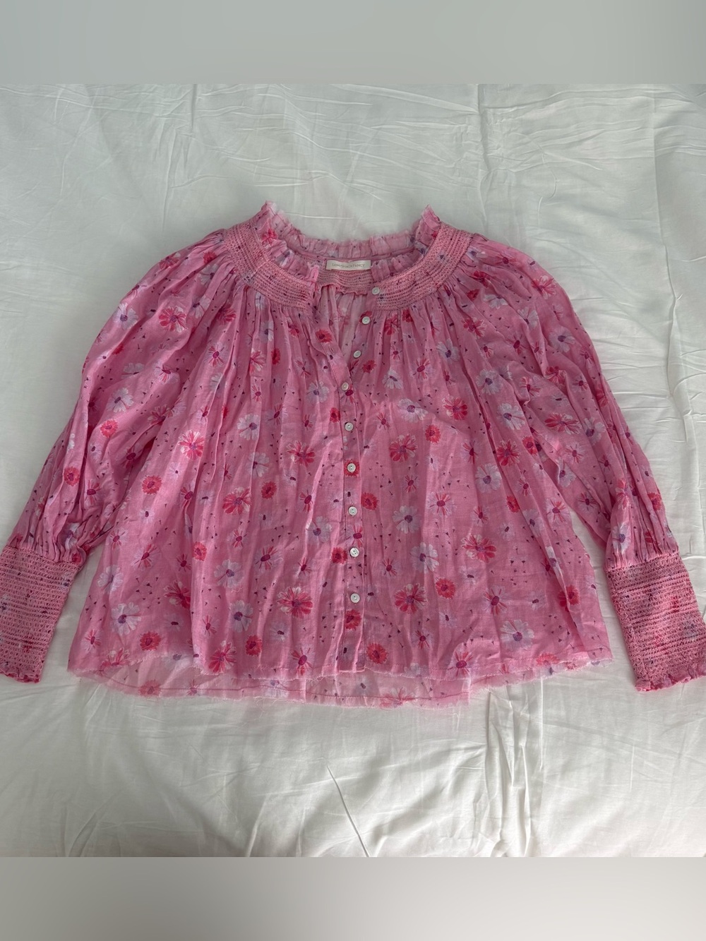 LoveShackFancy Pink Floral Button-Up Peasant Blouse